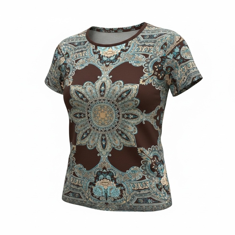 White Stag Womens XL Brown Turquoise Paisley Floral Medallion Cotton Tee Shirt